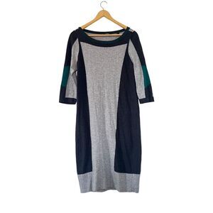 Mexx Grey Green Color Block 3/4 Sleeves Midi Wool Cotton Blend Sweater Dress